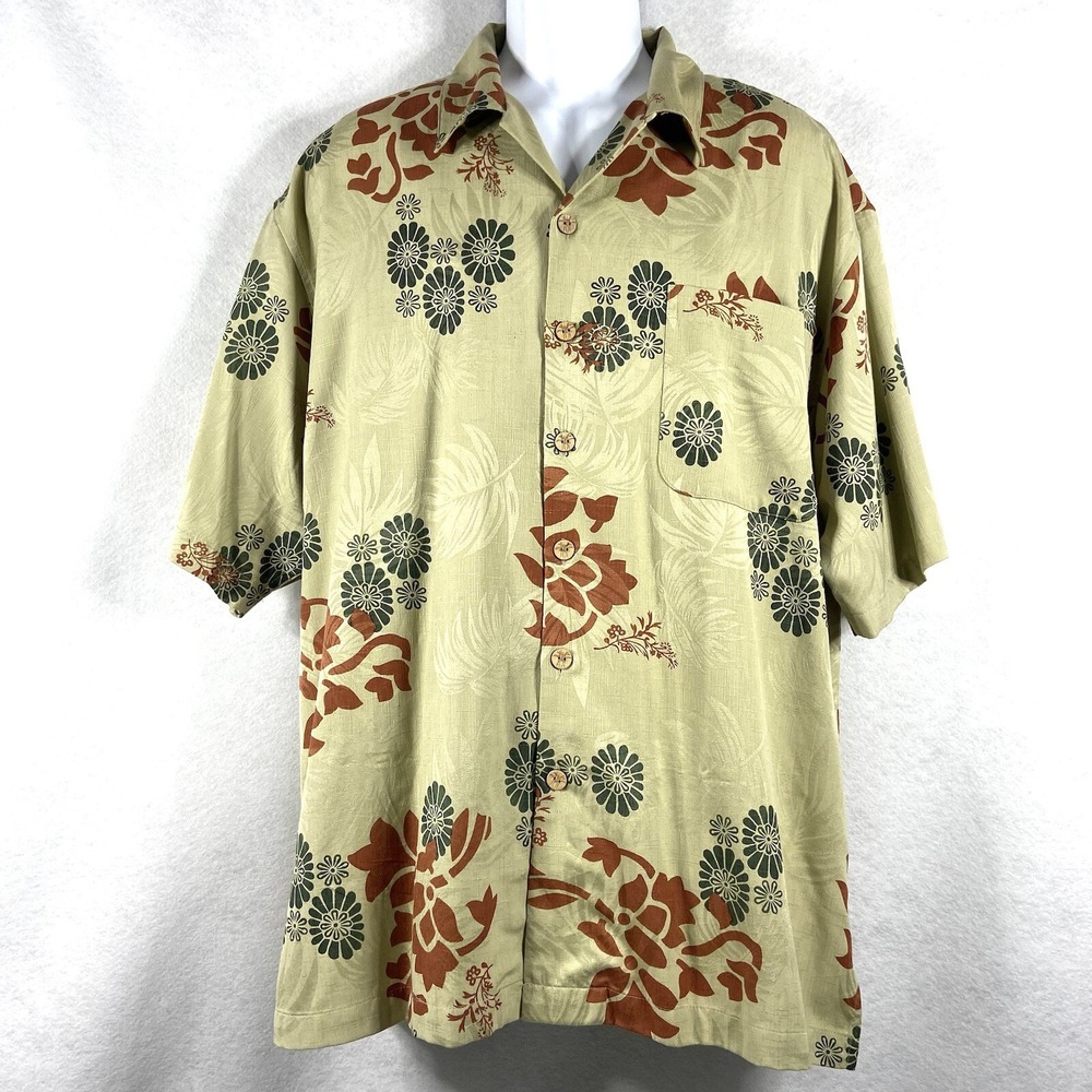 Paradise Blue Shirt Mens XL Beige Button Up Short Sleeve 100% Silk Floral